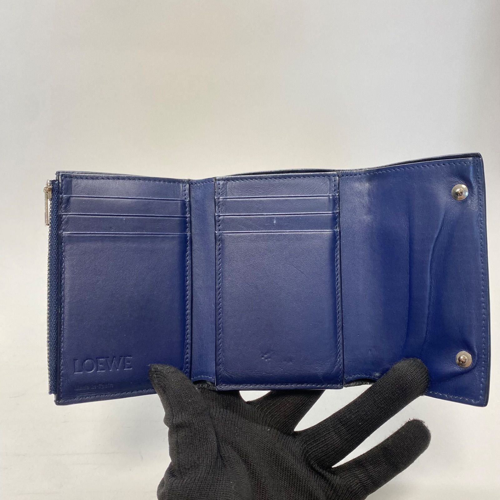 3493 LOEWE ロエベ 三つ折り財布 アナグラム ネイビー 紺 型押し