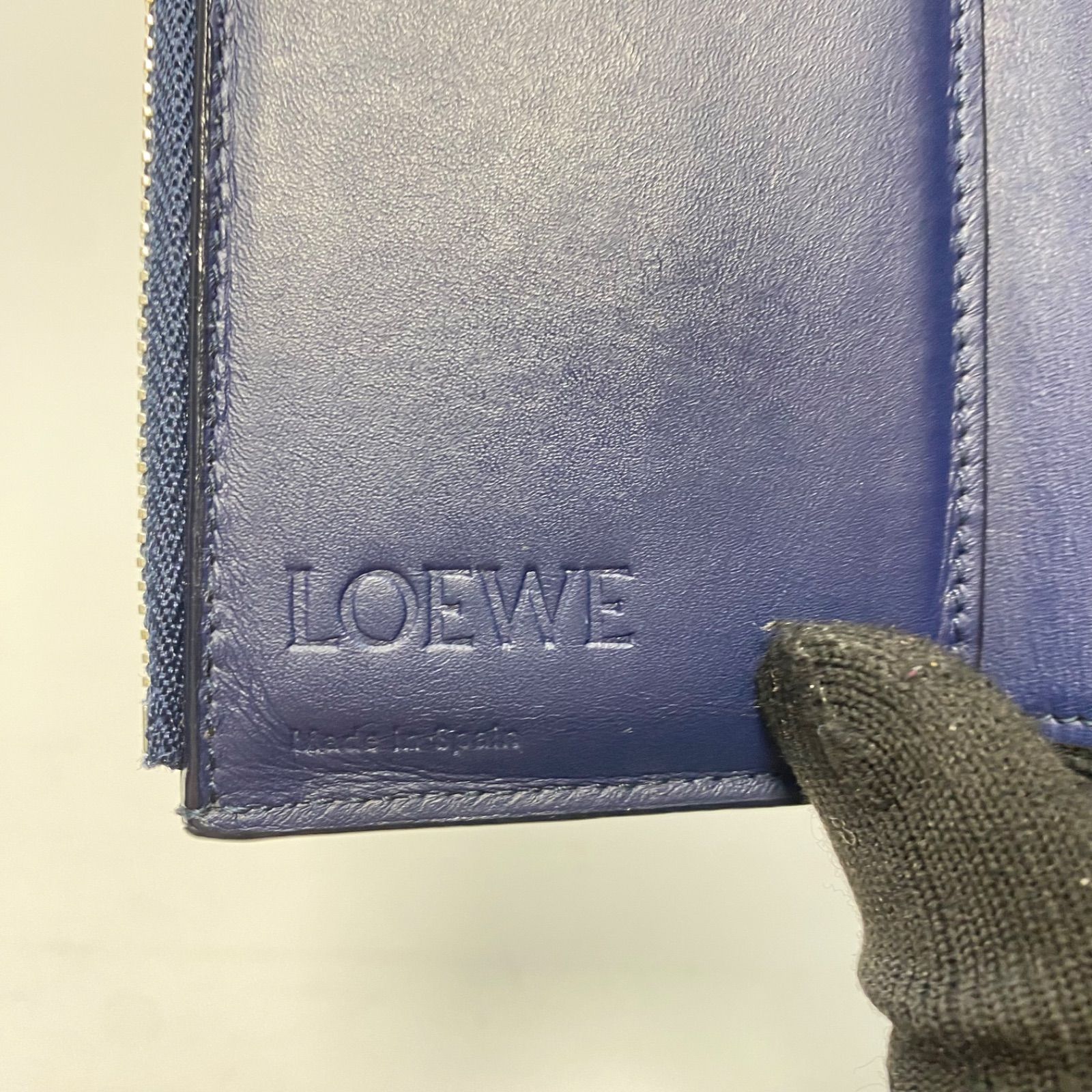 3493 LOEWE ロエベ 三つ折り財布 アナグラム ネイビー 紺 型押し
