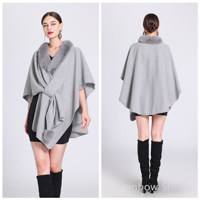 新品未使用 ニットポンチョ エコファー付き ポンチョコート ストール