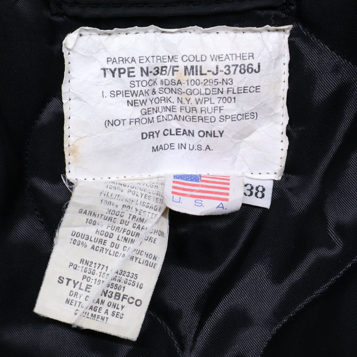 SPIEWAK スピワック MIL-J-3786J ｵﾘｰﾌﾞ TYPE N-3B/F ﾌﾗｲﾄｼﾞｬｹｯﾄ 38