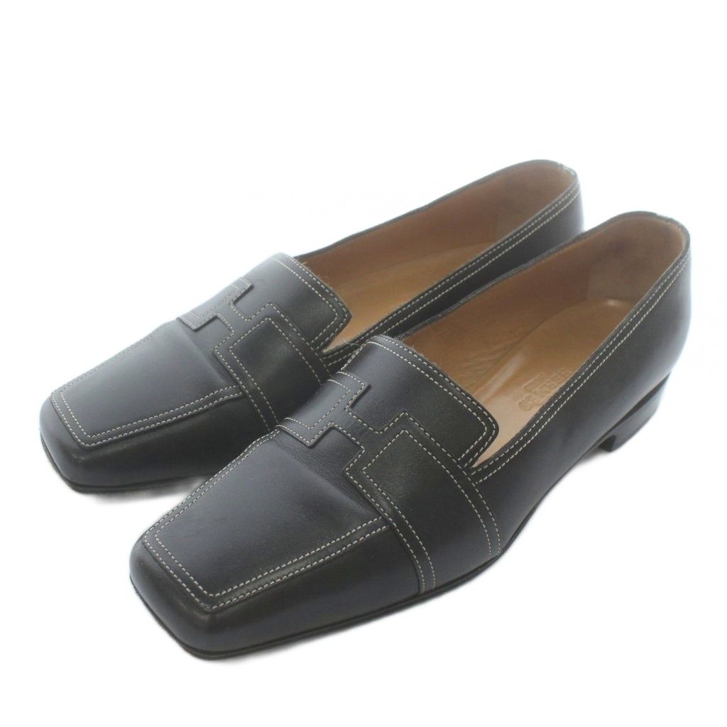 エルメス HERMES ローファー モカシン レザー スクエアトゥ Hロゴ 36