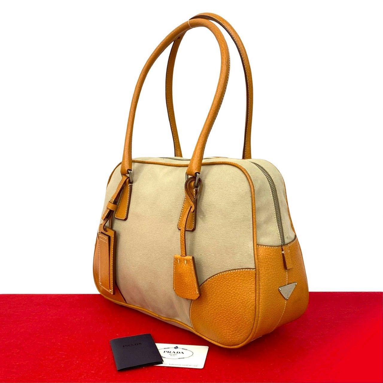 極 美品 PRADA プラダ 三角ロゴ 金具 キャンバス レザー 本革 トート