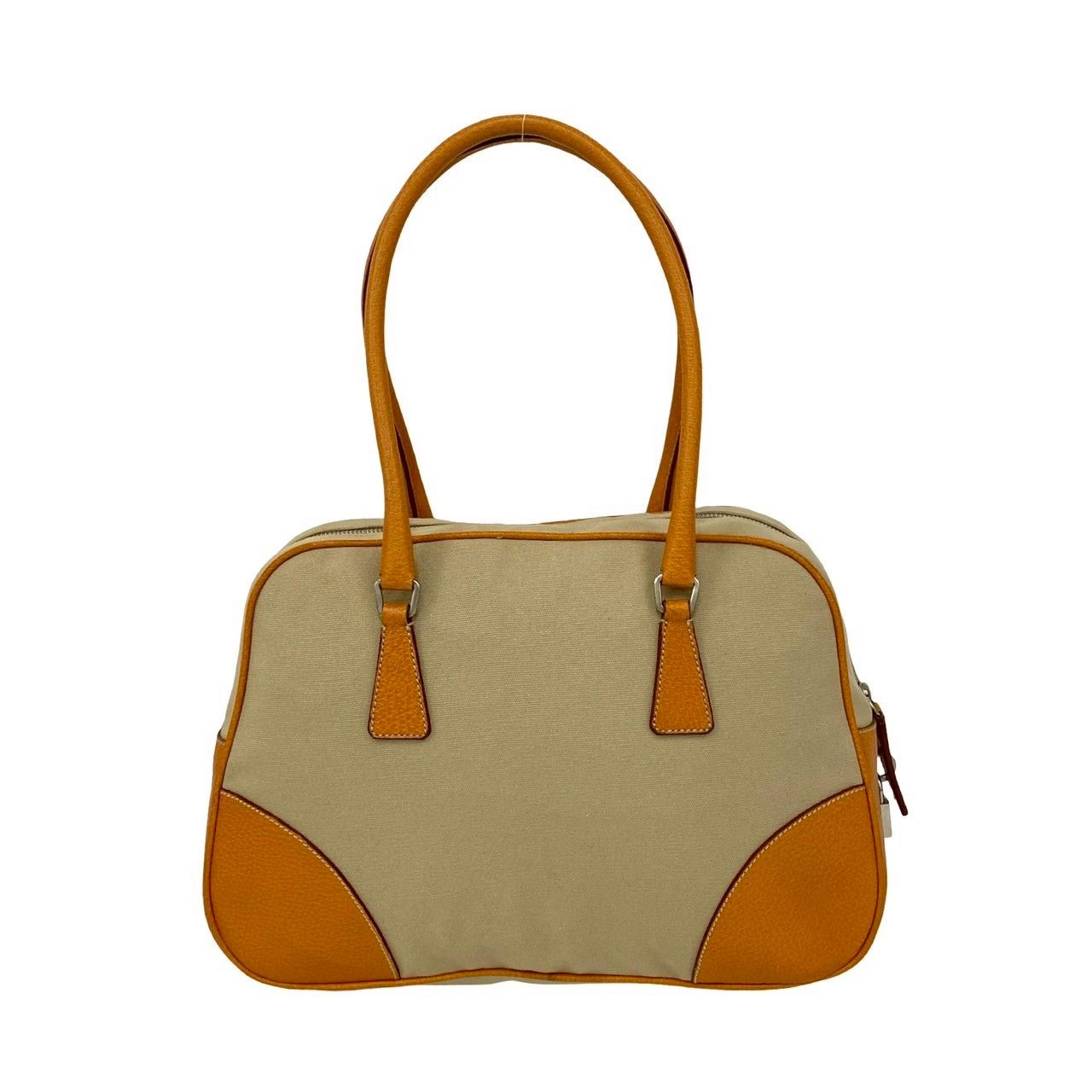 極 美品 PRADA プラダ 三角ロゴ 金具 キャンバス レザー 本革 トート