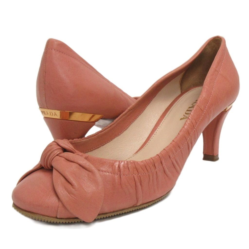 プラダ PRADA ラウンドトゥ リボン パンプス メタルプレート ピンク 37