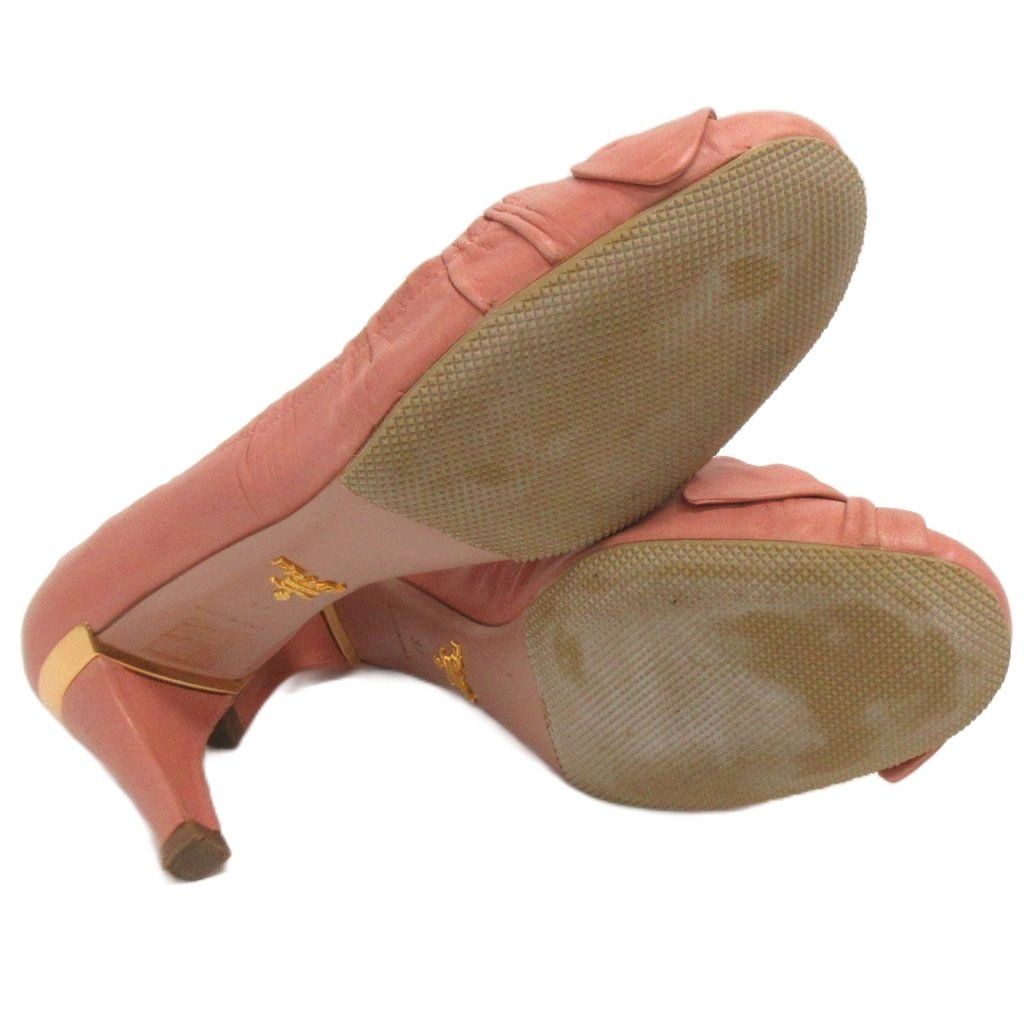 プラダ PRADA ラウンドトゥ リボン パンプス メタルプレート ピンク 37