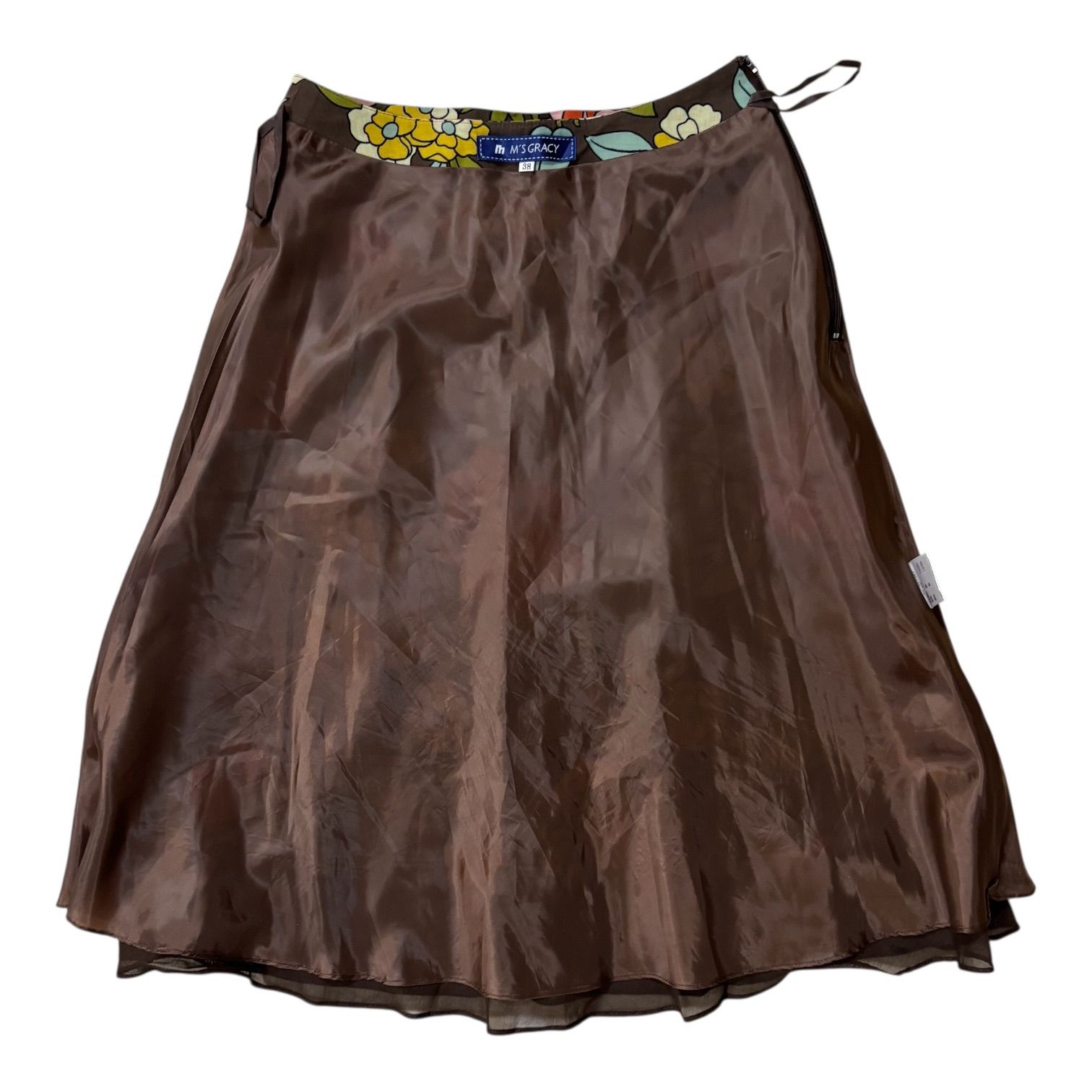 MS GRACY エムズグレイシー フレアスカート 花柄 シルク100% ブラウン