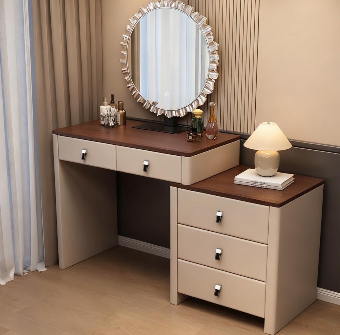 ドレッサー3点セット 3色調LEDミラー付き 木目調 テーブル 厚板仕様