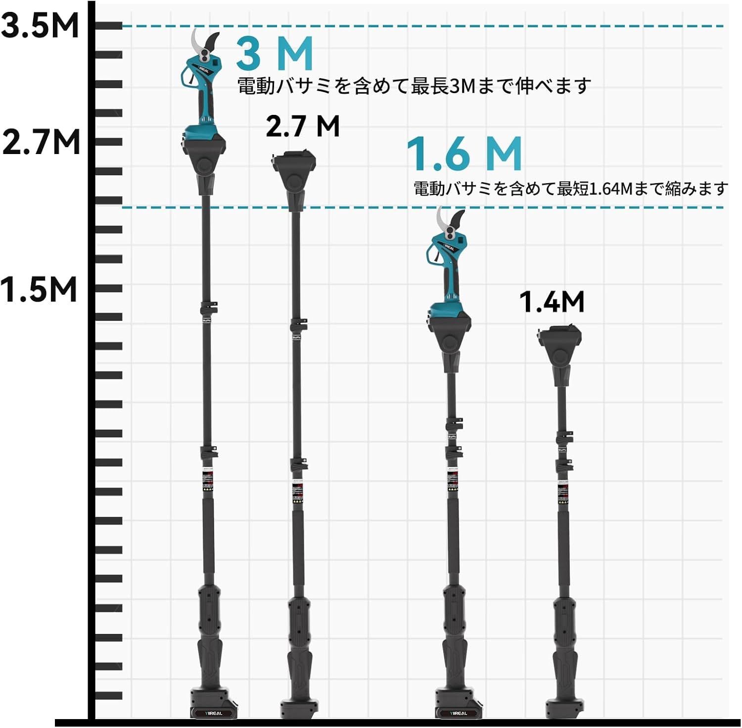 高枝切りバサミ電動チェーンソーの延長ポール 握りやすいスイッチ 約