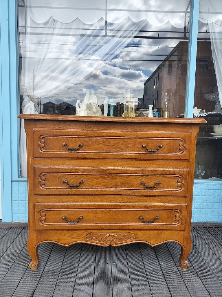 フランス アンティーク 木製 彫刻装飾 三段 収納 キャビネット 美品