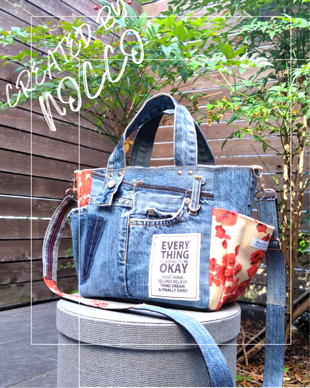 🆕№835【👖DENIM✖️ボタニカル サイドポケット付き トートバッグ⚮̈