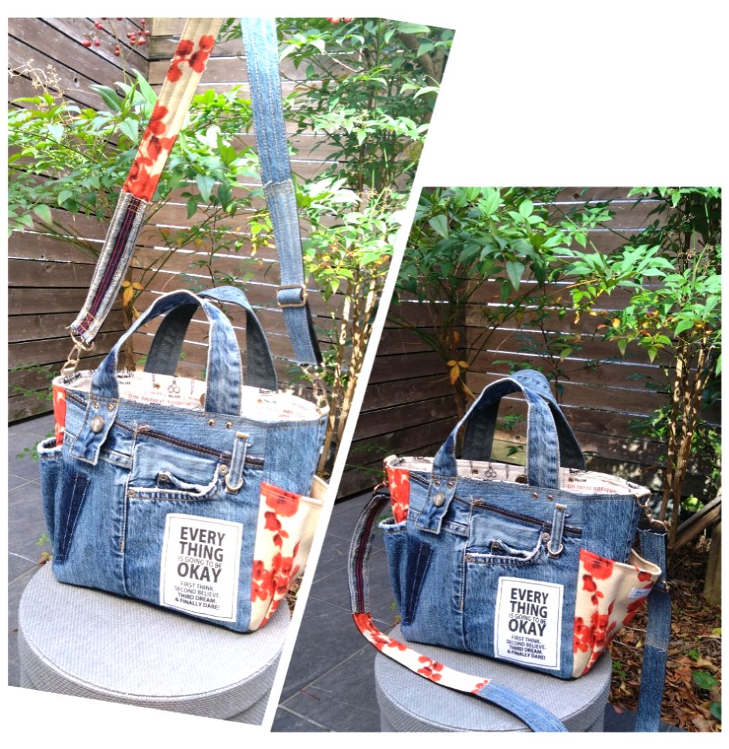 🆕№835【👖DENIM✖️ボタニカル サイドポケット付き トートバッグ⚮̈