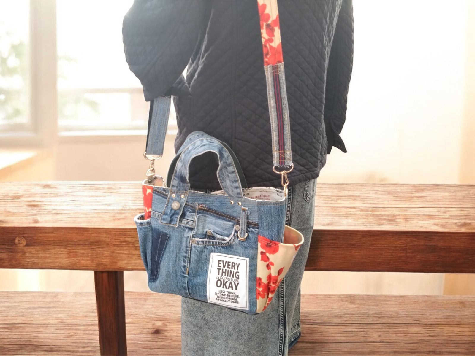 🆕№835【👖DENIM✖️ボタニカル サイドポケット付き トートバッグ⚮̈