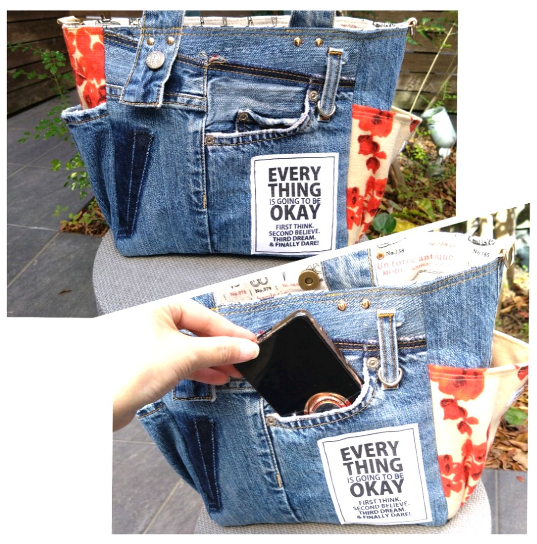 🆕№835【👖DENIM✖️ボタニカル サイドポケット付き トートバッグ⚮̈