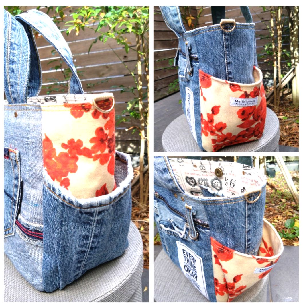 🆕№835【👖DENIM✖️ボタニカル サイドポケット付き トートバッグ⚮̈