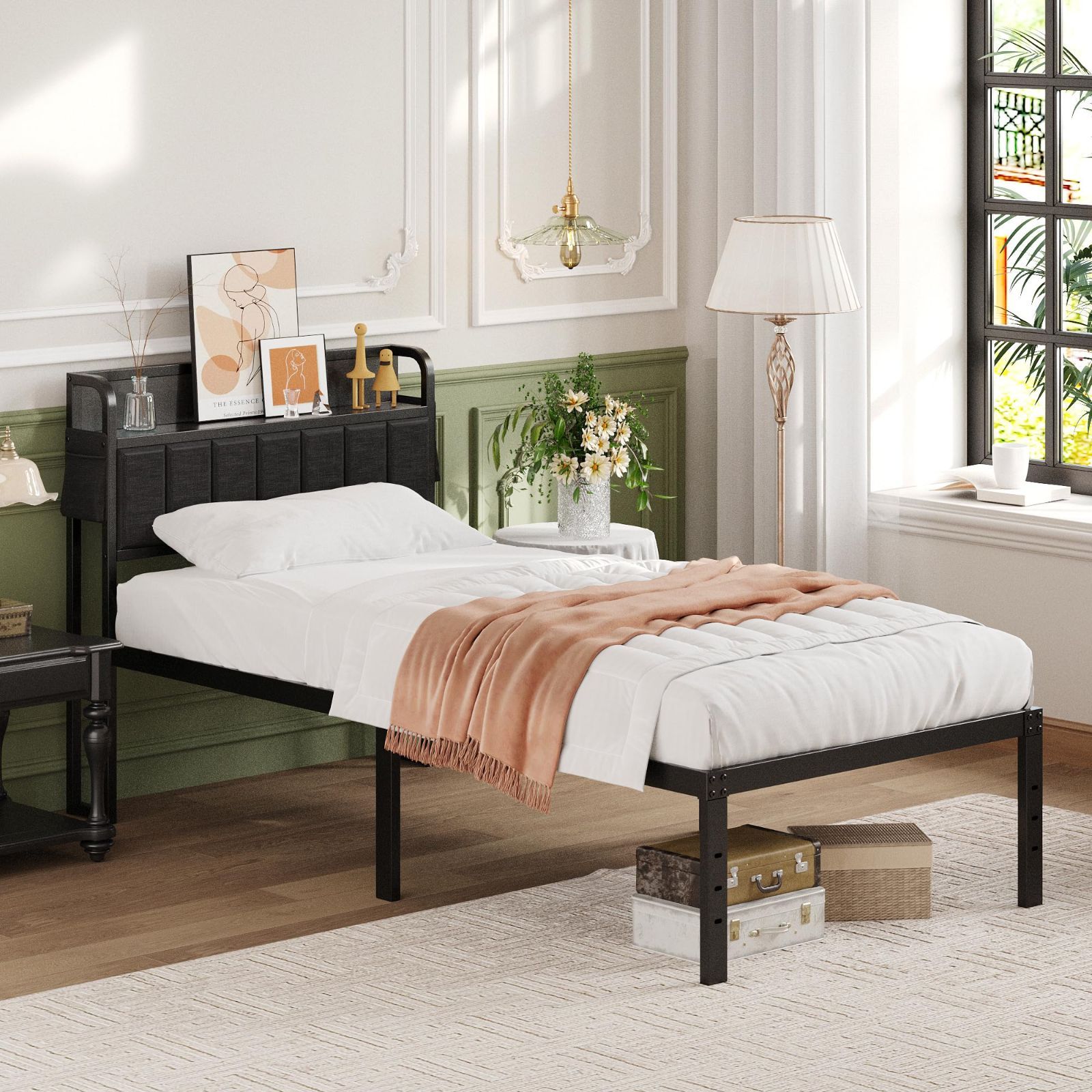 宮棚付き ベッドフレーム シングル ヘッドボード付き 掃除が軽い 静音 宮棚収納 ベッド下収納 一人暮らし 簡単組立 工具付き 頑丈 ギシギシしない パイプベッド メタルベッド ブラック