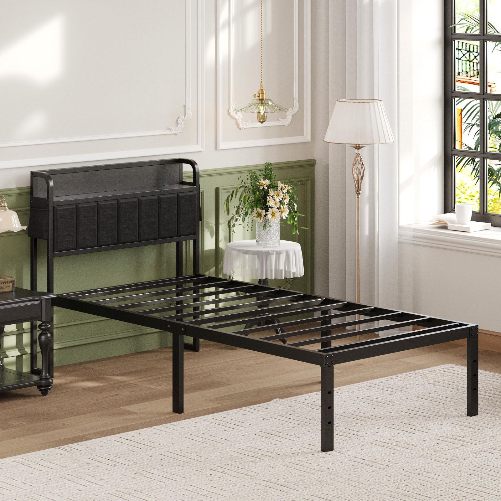 宮棚付き ベッドフレーム シングル ヘッドボード付き 掃除が軽い 静音 宮棚収納 ベッド下収納 一人暮らし 簡単組立 工具付き 頑丈 ギシギシしない パイプベッド メタルベッド ブラック
