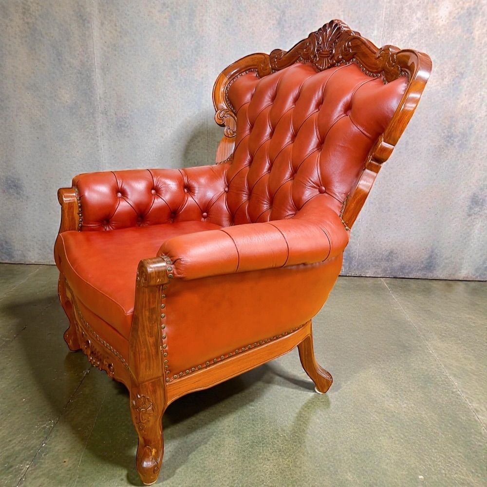 H-765 アンティーク調 本革 シングルソファ 1人掛け 彫刻木枠 レッド系