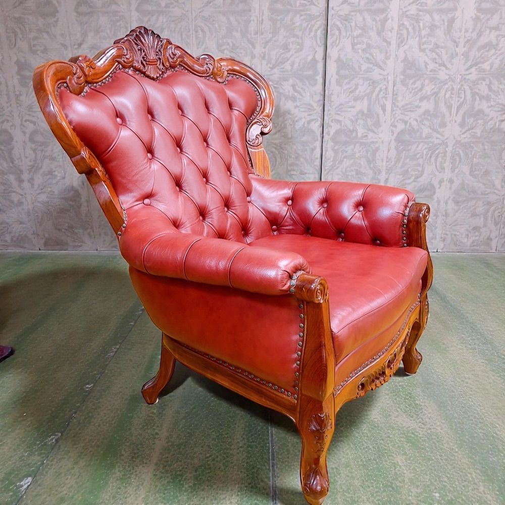 H-765 アンティーク調 本革 シングルソファ 1人掛け 彫刻木枠 レッド系