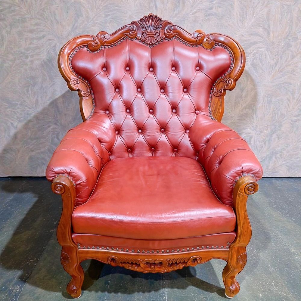 H-765 アンティーク調 本革 シングルソファ 1人掛け 彫刻木枠 レッド系