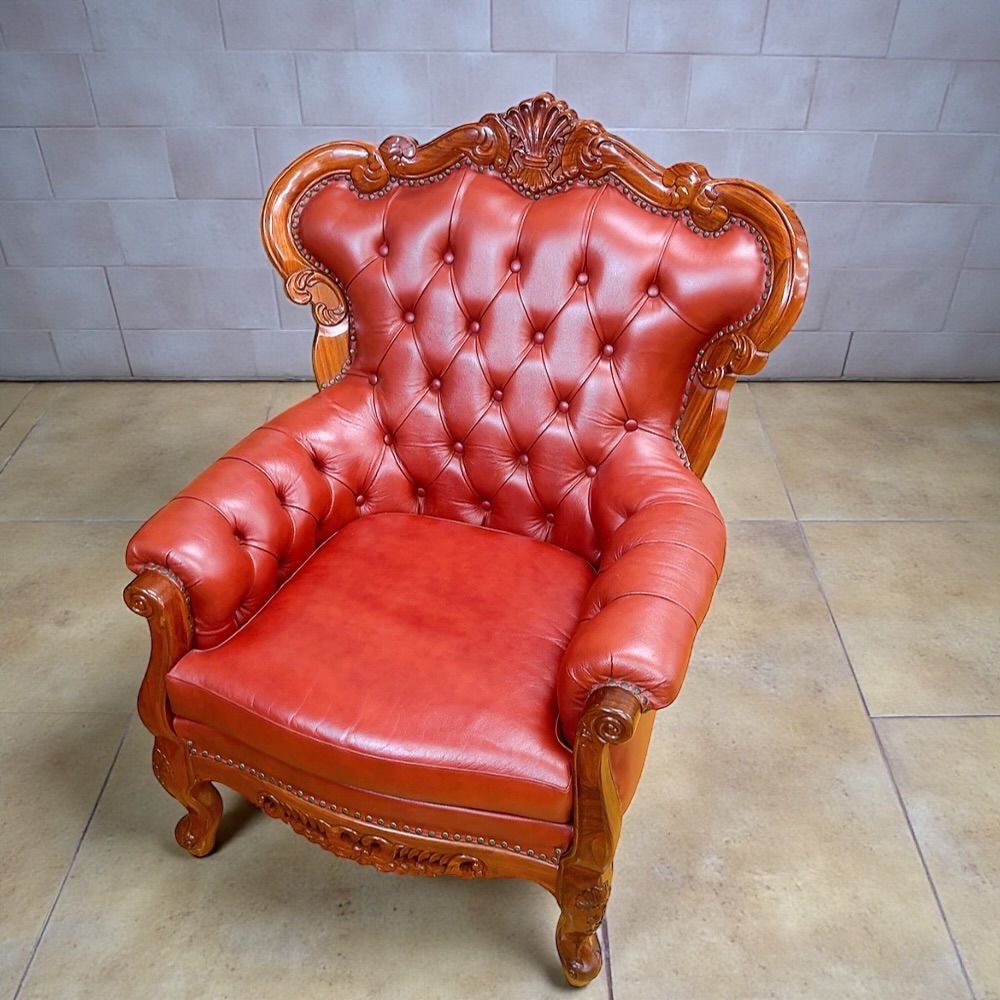 H-765 アンティーク調 本革 シングルソファ 1人掛け 彫刻木枠 レッド系