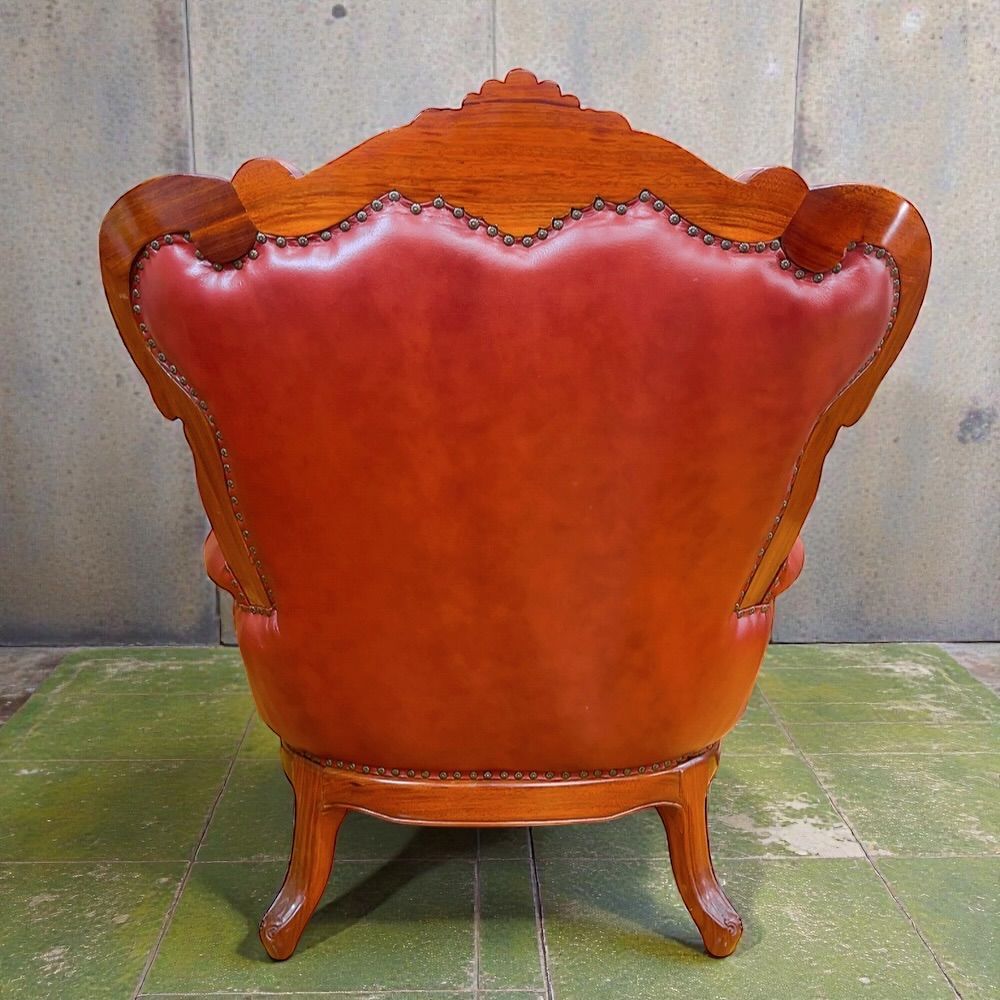 H-765 アンティーク調 本革 シングルソファ 1人掛け 彫刻木枠 レッド系