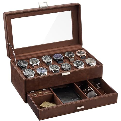 ProCase 腕時計ケース 12本 大容量 2段式 透明天板 多機能収納ウォッチボックス 防塵 防振 ジュエリーオーガナイザー ガラス蓋付き ディスプレイ 055 ba 1 a 8