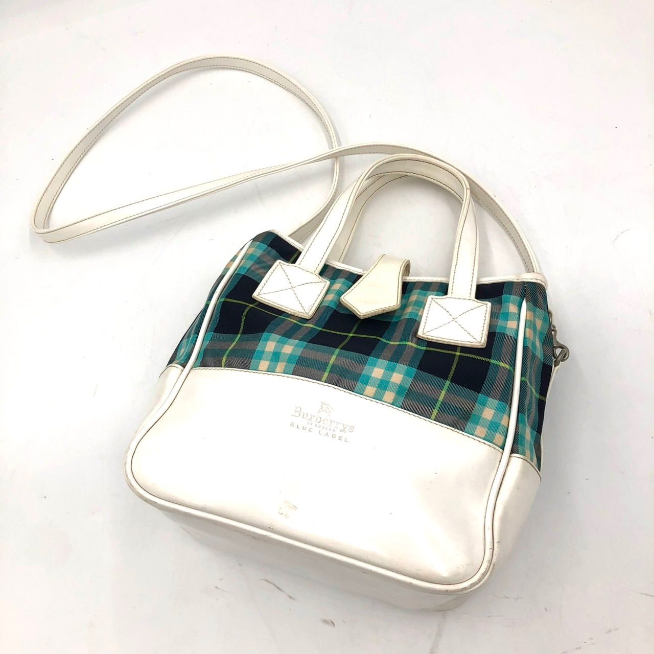 バーバリーブルーレーベル 2WAY ショルダーバッグ チェック 白 緑