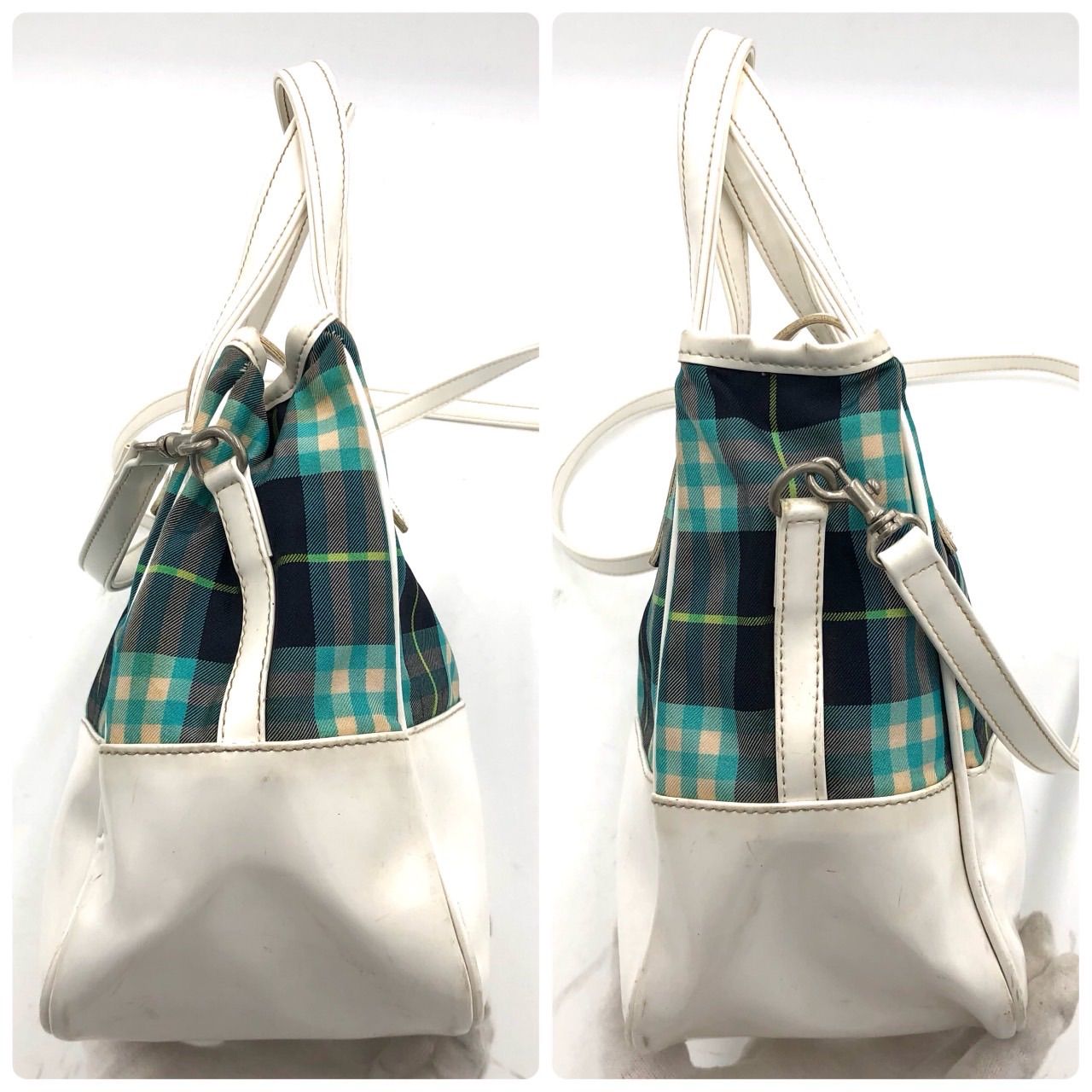 バーバリーブルーレーベル 2WAY ショルダーバッグ チェック 白 緑