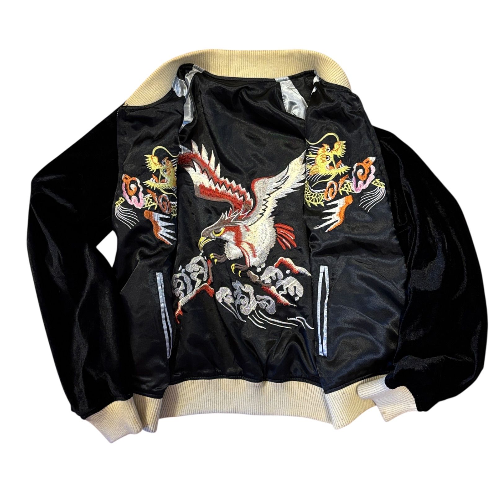 リバーシブル　スカジャン　90s ベロア 90年代 リバーシブル スカジャン 鷲刺繍 龍風 ベロア 黒 ヴィンテージ