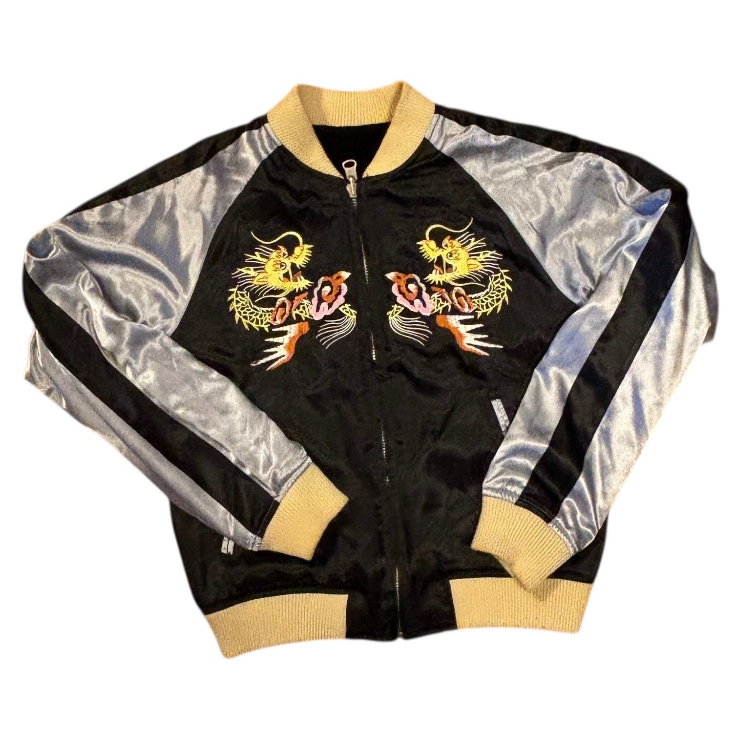 90年代 リバーシブル スカジャン 鷲刺繍 龍風 ベロア 黒 ヴィンテージ