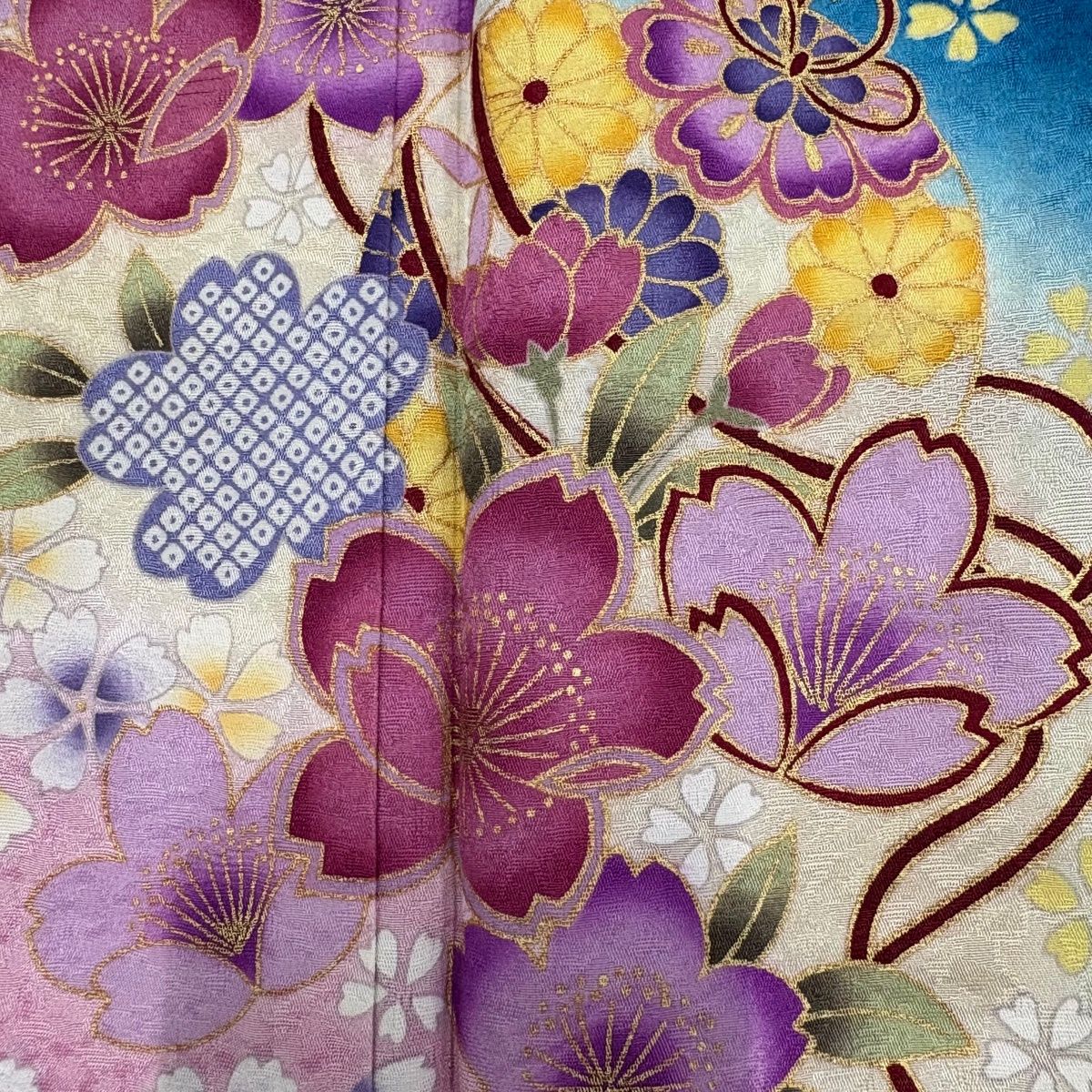 振袖 身丈158cm 裄丈63cm S 袷 やまと 桜 雪輪 金彩 ぼかし 青 正絹 秀