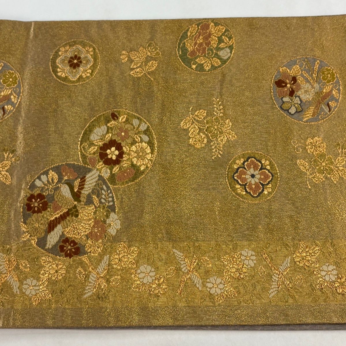 袋帯 美品 秀品 鳥 草花 箔 金糸 金色 六通 正絹 【中古】 美品