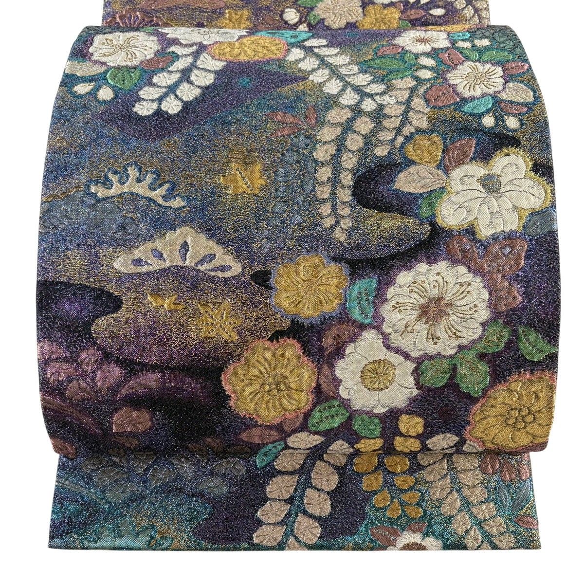 袋帯 秀品 振袖向き やまと 辻が花柄 松 箔 金糸 紫 六通 正絹 【中古