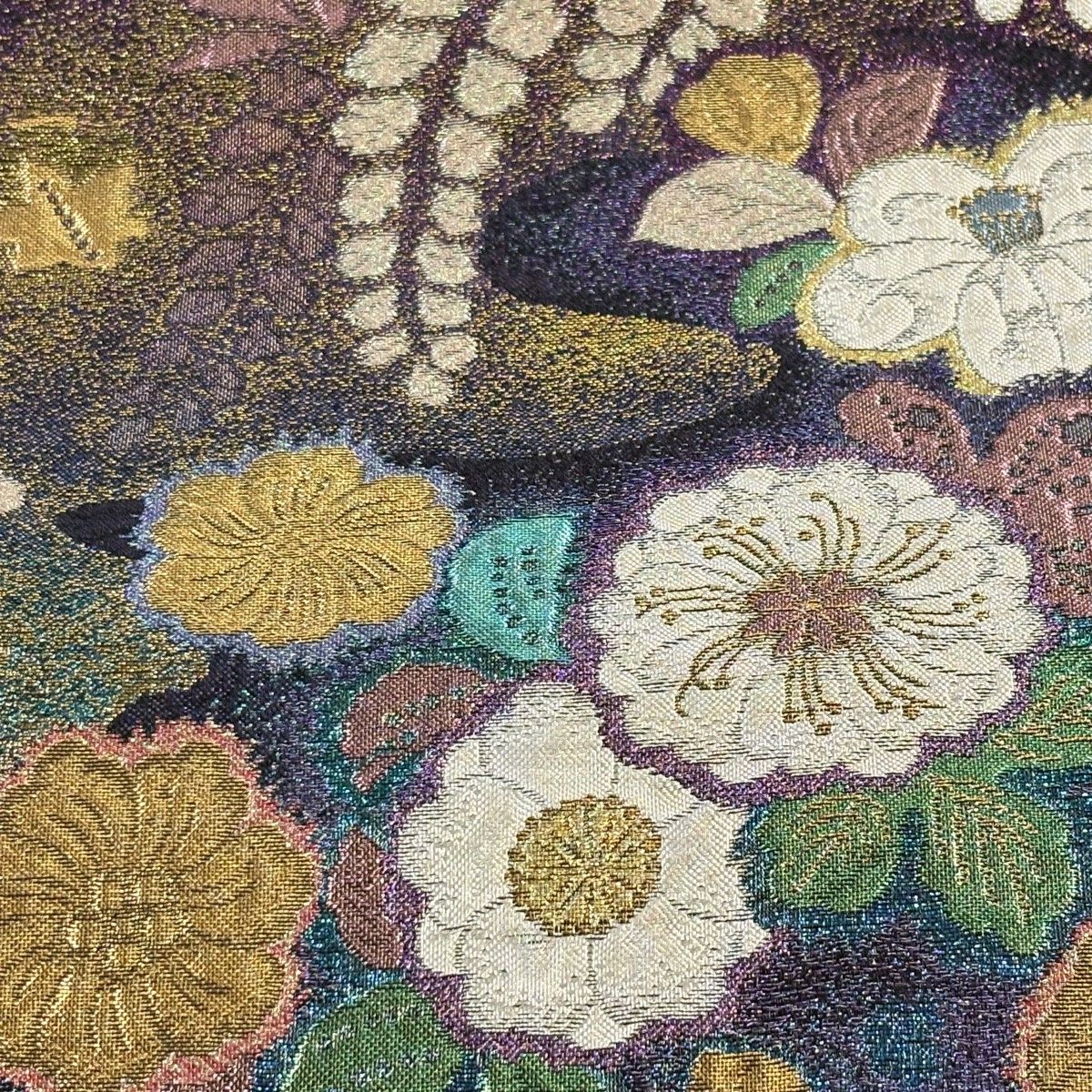 袋帯 秀品 振袖向き やまと 辻が花柄 松 箔 金糸 紫 六通 正絹 【中古