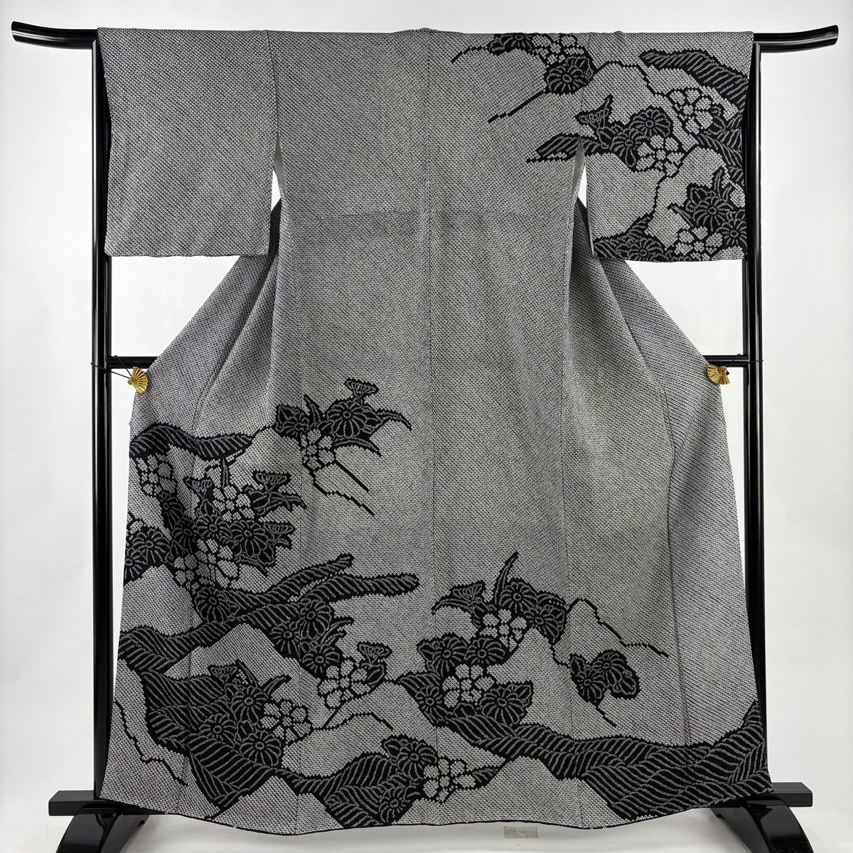 美品】 訪問着 身丈161cm 裄丈64cm M 袷 菊 波 総絞り 黒 正絹 秀品