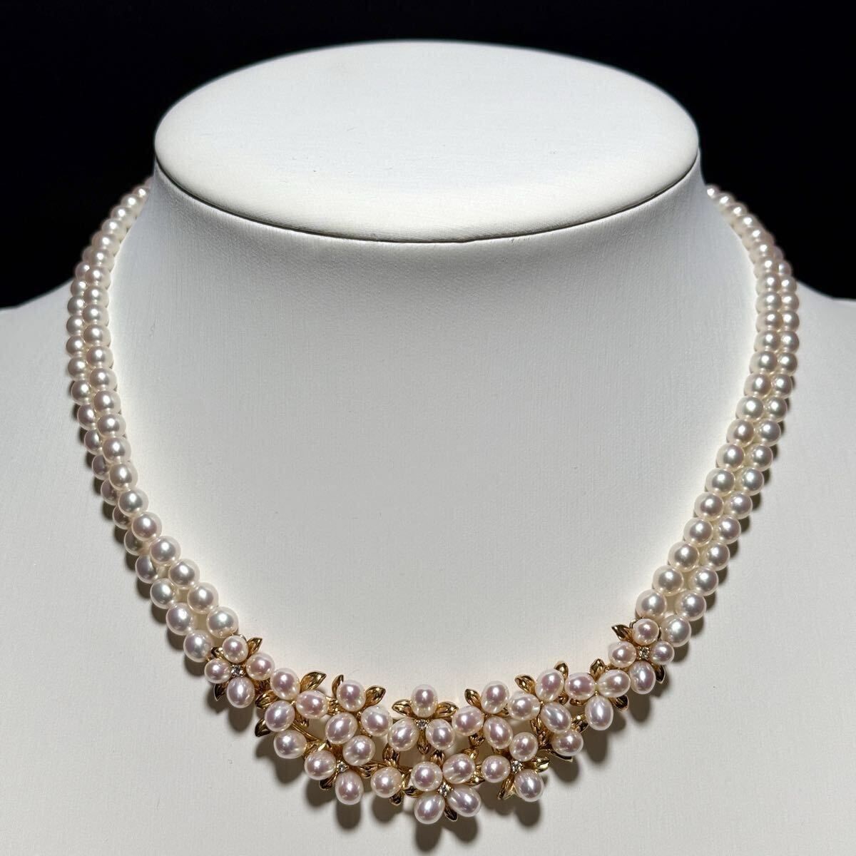 K18/K14/0.08ct】TASAKI/タサキ アコヤパール 2連 ネックレス 3.88