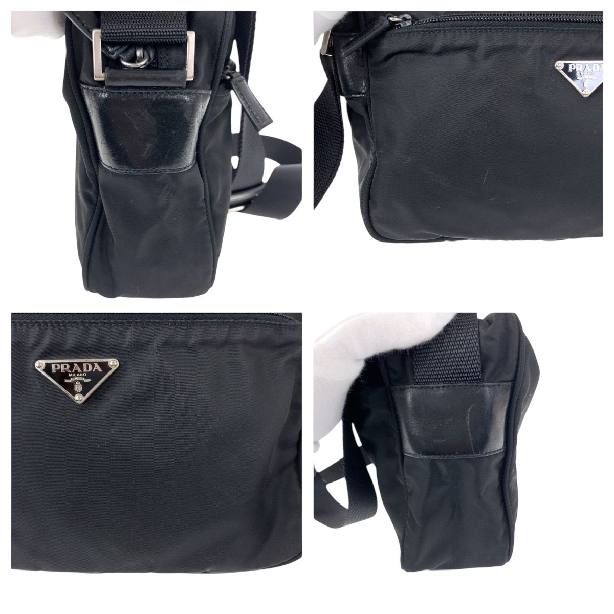 美品 PRADA プラダ テスート 三角ロゴプレート ブラック 黒 シルバー