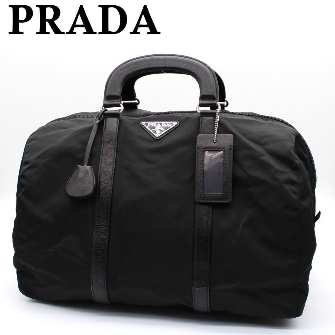 美品】PRADA 三角ロゴプレート ボストンバッグ ナイロン レザー 黒色