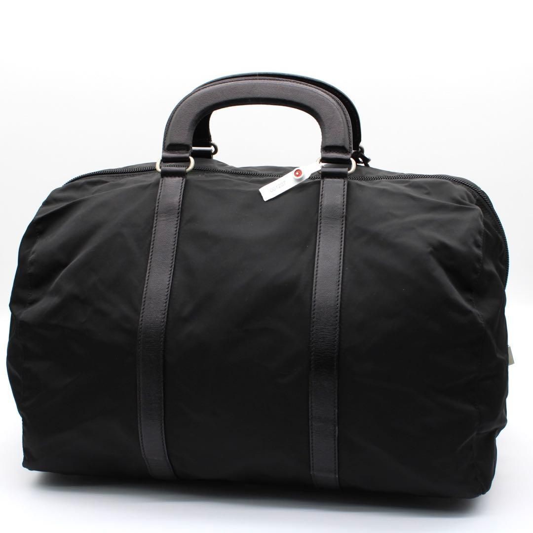 美品】PRADA 三角ロゴプレート ボストンバッグ ナイロン レザー 黒色