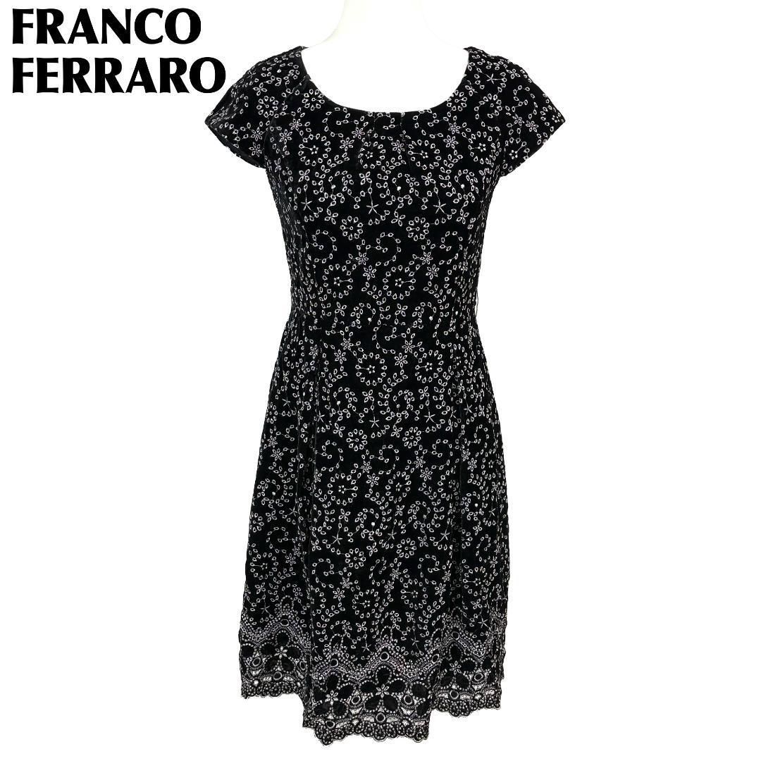 美品】 FRANCO FERRARO ベロアノースリワンピース 2 フラワー刺繍 