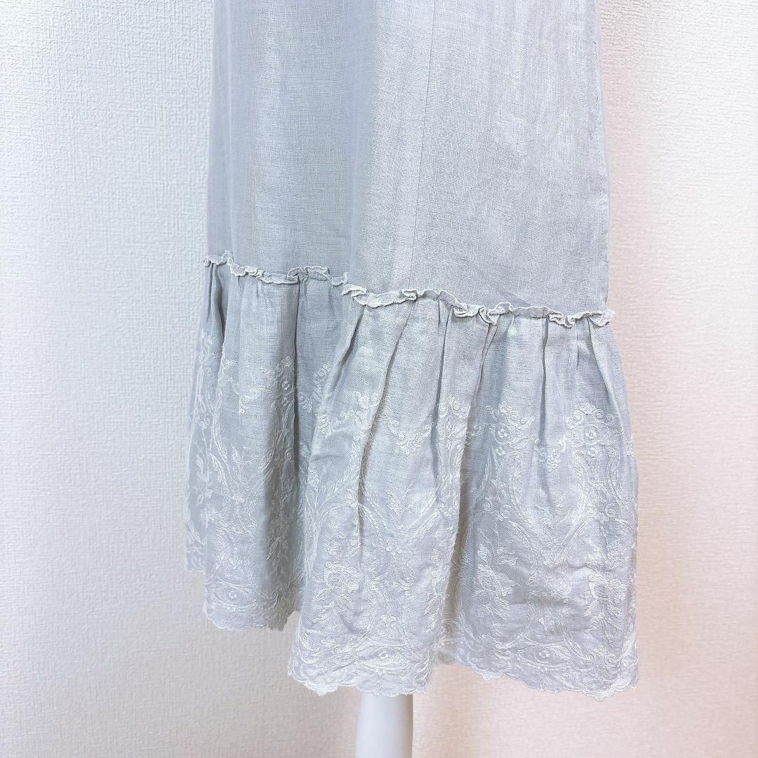 美品】FOXEY 裾刺繍 ノースリーブリネンワンピース 38 ライトグレー 