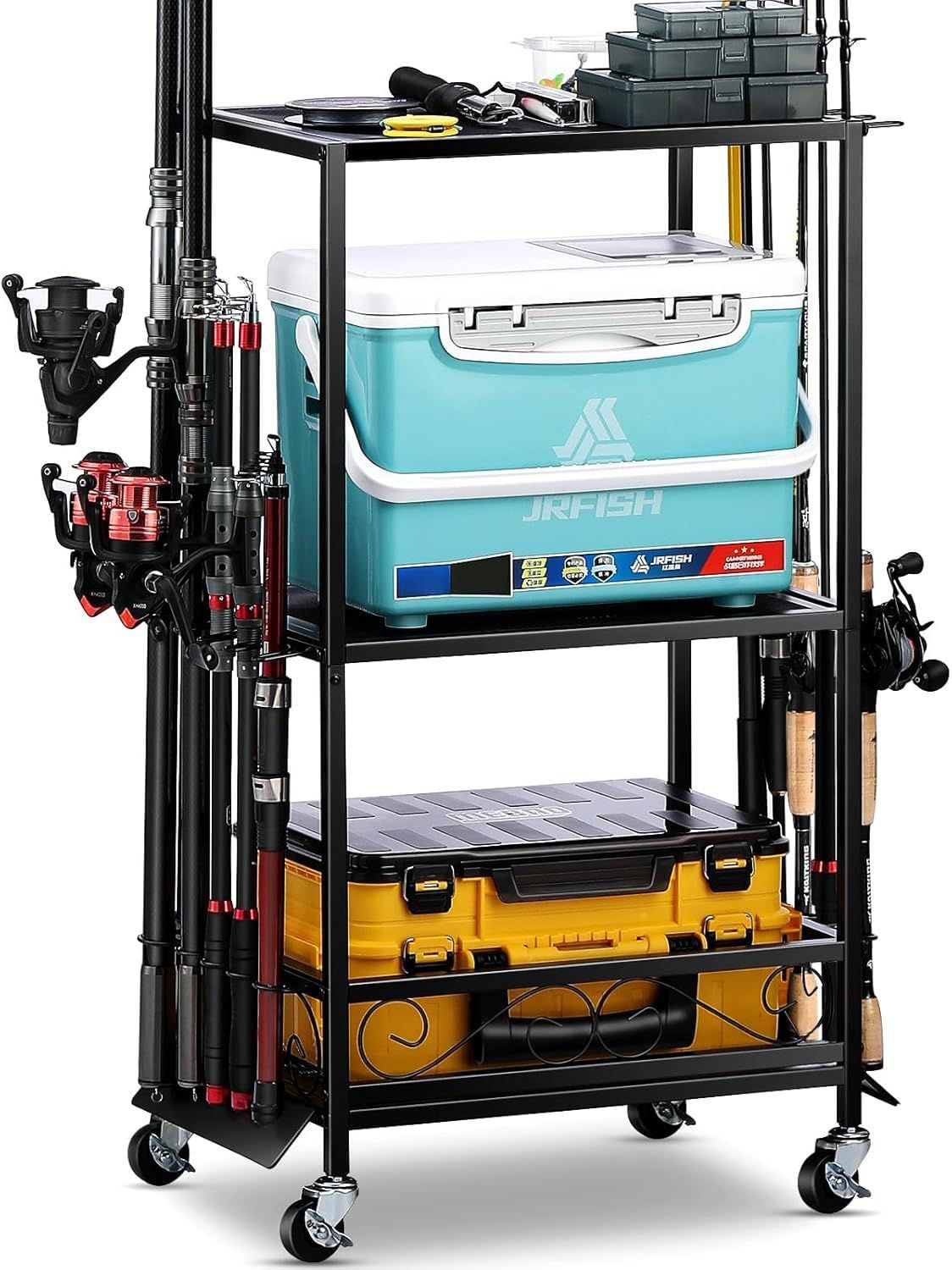 ロッドスタンド 釣り竿立て 釣竿置き 10本用 大容量 3 in 1 ロッドラック 釣り竿ラック 釣り具収納 整理 移動式 ロッドホルダー キャスター付き 移動便利 組立式