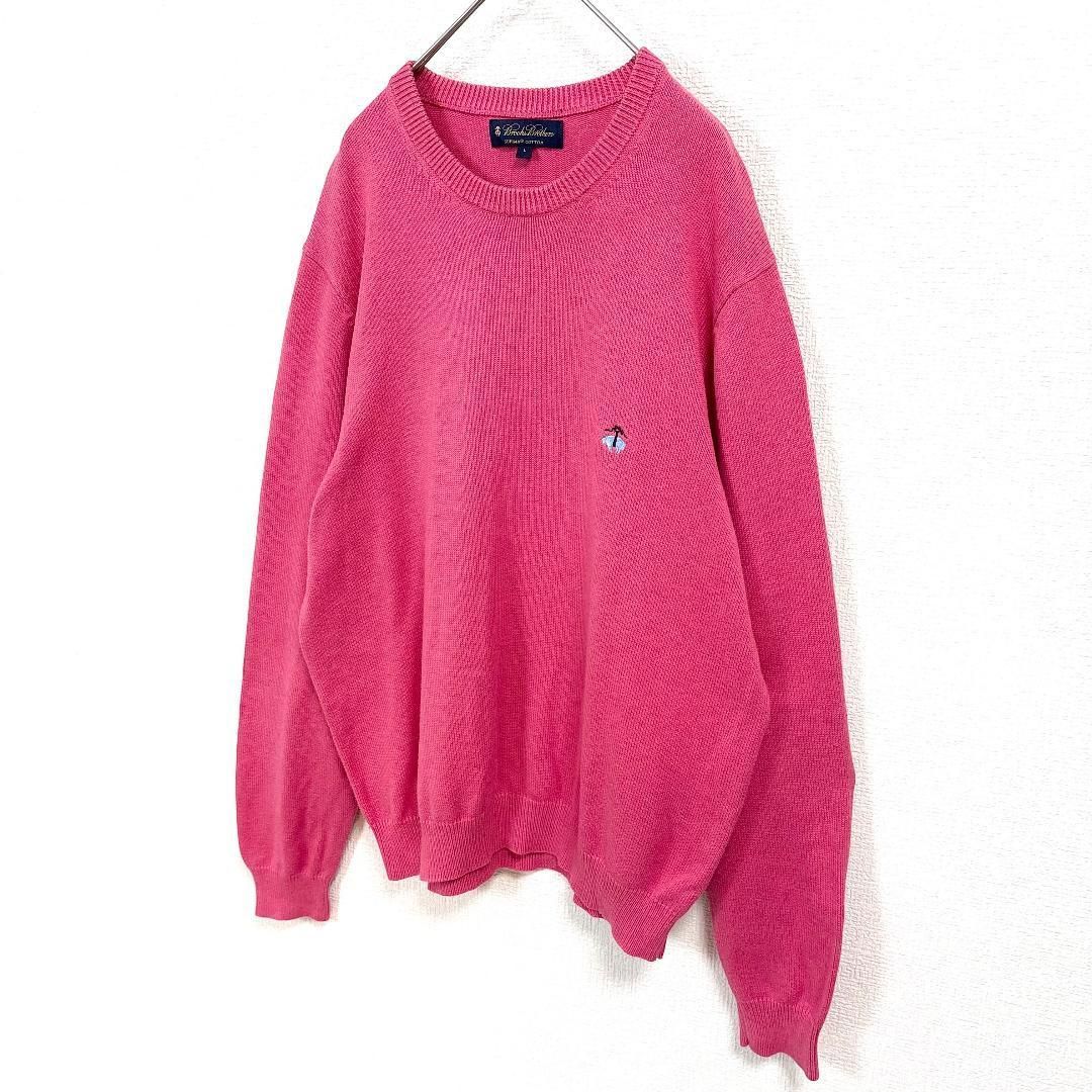 美品 Brooks Brothers ロゴ刺繍コットンニットセーター L ピンク 