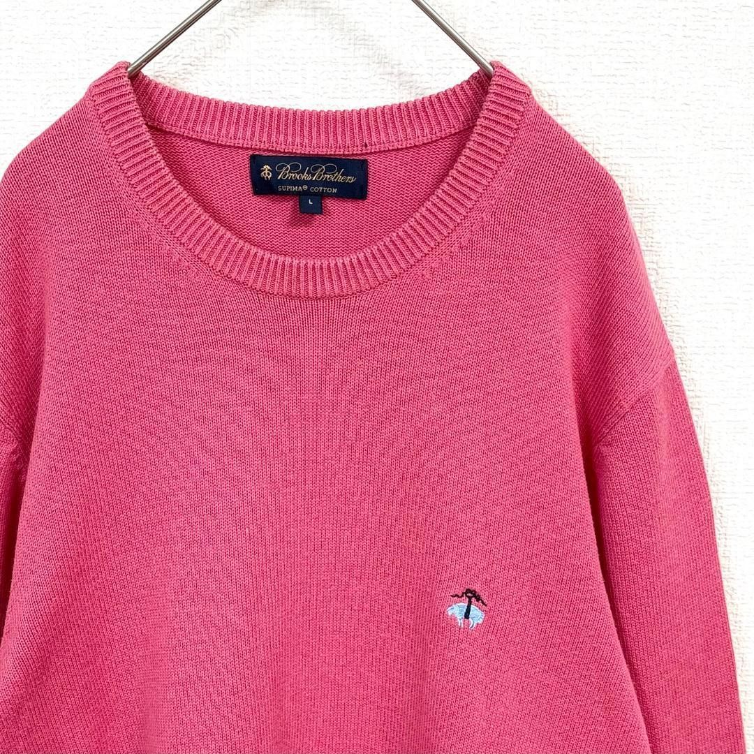 美品 Brooks Brothers ロゴ刺繍コットンニットセーター L ピンク 