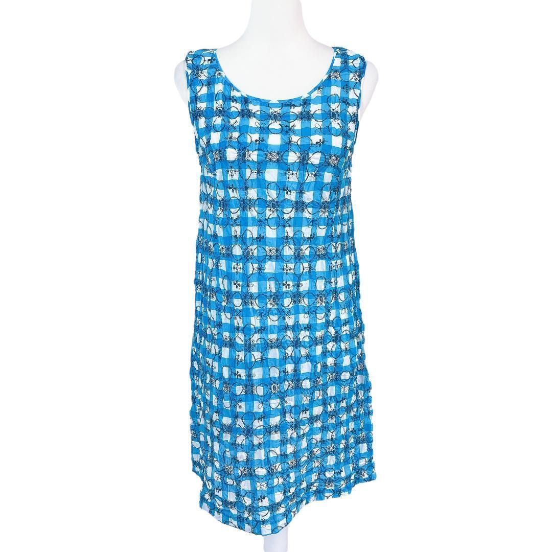 美品】タバサ ノースリーブワンピース 32 チェック 花柄刺繍 水色×白
