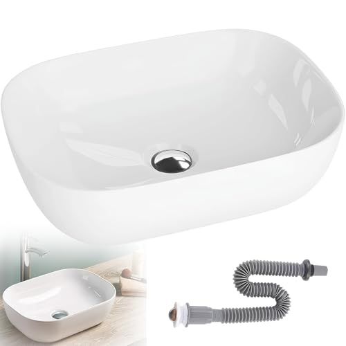 迅速に発送 洗面ボウル 置き型｜陶器製 角型手洗い器 ×14 cm 省スペース設計 排水ホース付き トイレ 洗面所 バルコニー対応 eb 0 e 01 f