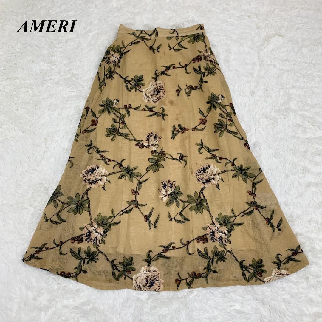 AMERI 刺繍 フレアスカート 花柄 M ベージュ - メルカリ