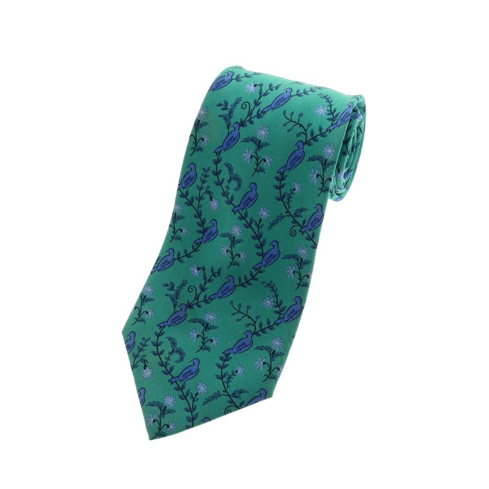 中古】エルメス HERMES シルク プリントネクタイ グリーン【メンズ