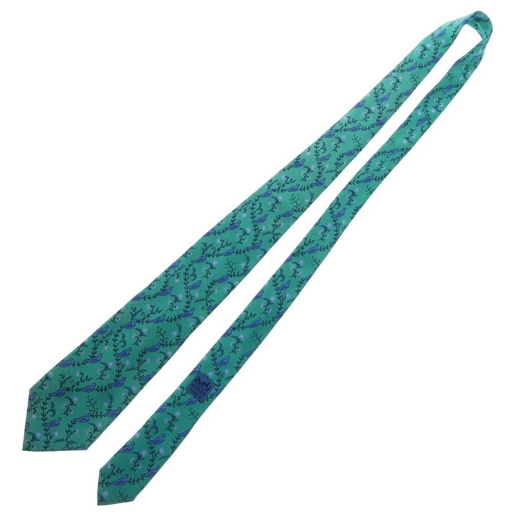 中古】エルメス HERMES シルク プリントネクタイ グリーン【メンズ