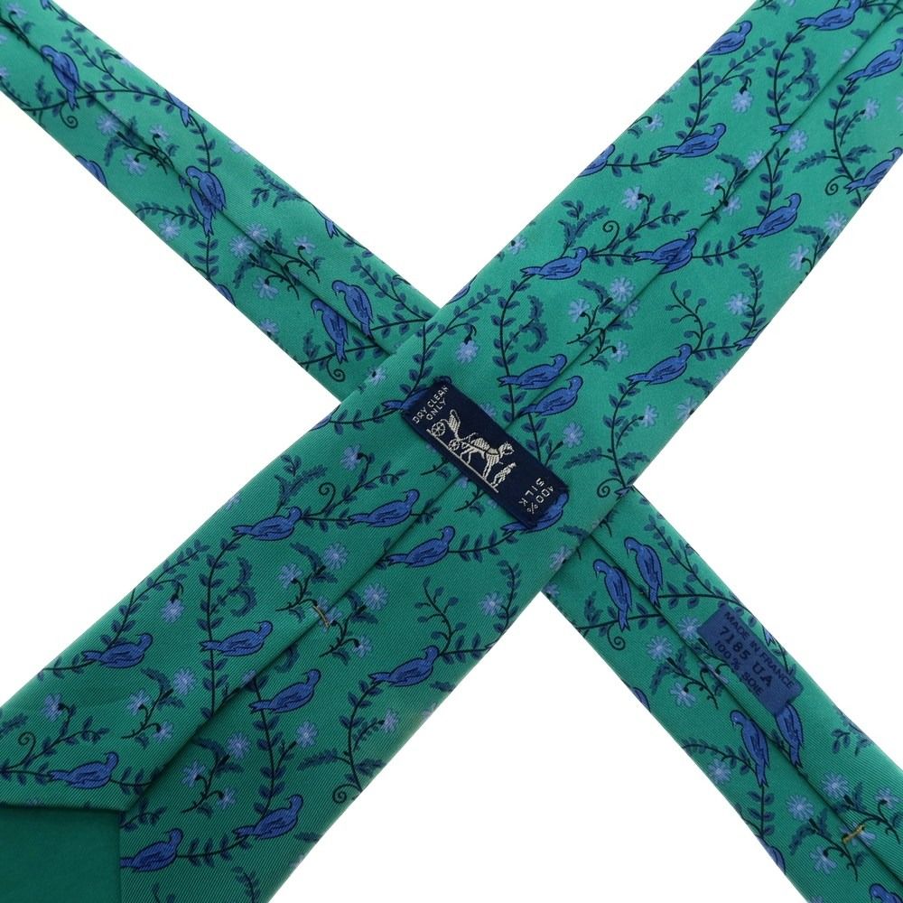 中古】エルメス HERMES シルク プリントネクタイ グリーン【メンズ